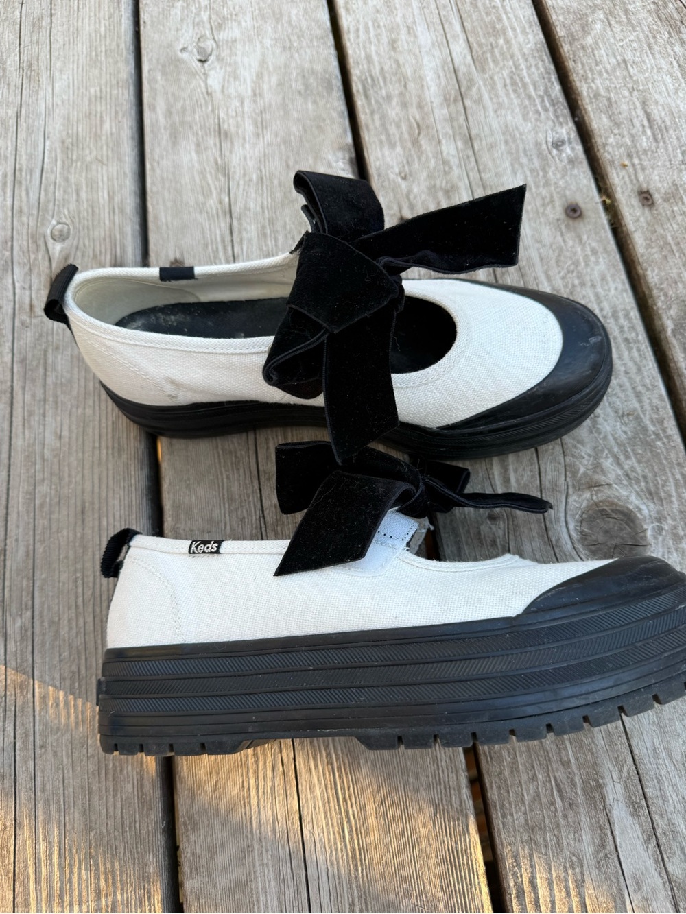 Keds White Canvas Platform Flats with Black Velvet Bow
